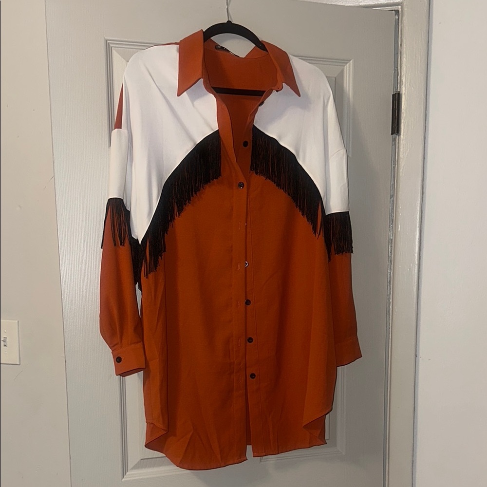 SHEIN Orange and White Blouse with Black Fringe
